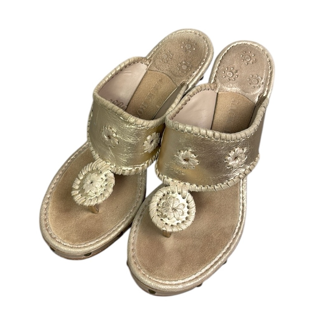 💚👖Jack Rogers Wedge Sandal Size 8 Gold with Wooden Wedge - Picture 9 of 9